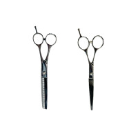 Setje scharen bestaande uit de A06 (Enkelzijdige effileerschaar 6'' 30 tands) & A04(Rechte schaar 5,